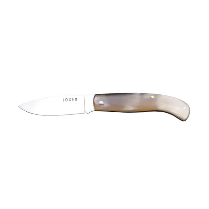 Navaja de pistón Joker NA77 con cachas en asta de toro y hoja inox de 7 cm, herramienta de pesca, caza, camping y senderismo
