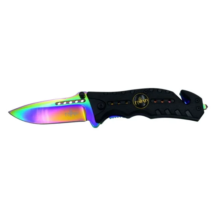 Navaja de seguridad Third K2769W, Mango de ABS Negro y Hoja de Acero 420 de 10.1 cm. Hoja, liners y clip bañados en titanio rainbow. Con cutter cinturón de seguridad y punta rompevidrio