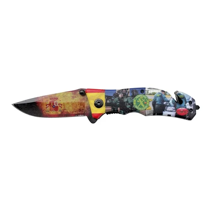 Navaja de seguridad Third K2804GC, Mango de Aluminio con imprimición fotográfica 3D con motivos de la Guardia Civil y Hoja de Acero 420 de 10 cm, con cutter cinturón de seguridad y punta rompevidrio