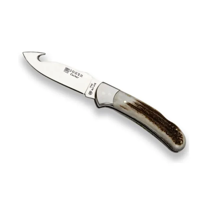 Navaja desolladora Joker «Cocker» NC50, hoja de 9 cm MOVA, mango de asta de ciervo, virola inox, herramienta de pesca, caza, camping y senderismo