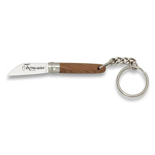 Navaja Extremeña de Punta Recta con Mango de Madera Y hoja de Acero Inox de 3.5 cm con Sistema Girolock . Incluye Llavero en blister de presentación 01566