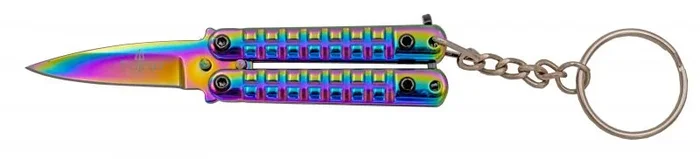 Navaja Llave Mariposa Third K0102W, navaja compacta para llavero, acero inoxidable, hoja de 4,1 cm con acabado titanio rainbow brillante, mango con textura de granada