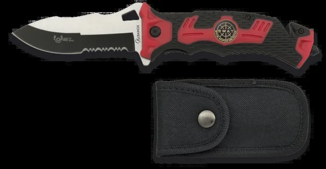 Navaja Martinez Albainox de color Rojo, mango ABS-goma, sistema de apertura Fos, Sin Chapa Hoja de acero inoxidable de 9.1 cm . Incluye clip, punta rompevidrio, cutter cinturón de seguridad funda de nylon 19893AGR1002