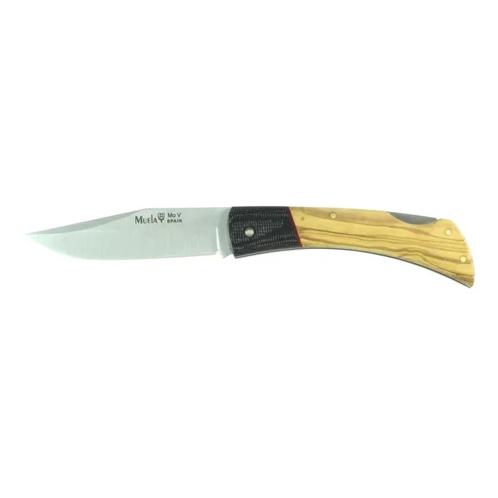 Navaja Muela BT-9OL.M, con funda de cordura negra, cachas en madera natural de olivo y hoja de acero inoxidable Mova 1.4116 de 8,5 cm + Tarjeta multiusos de regalo.