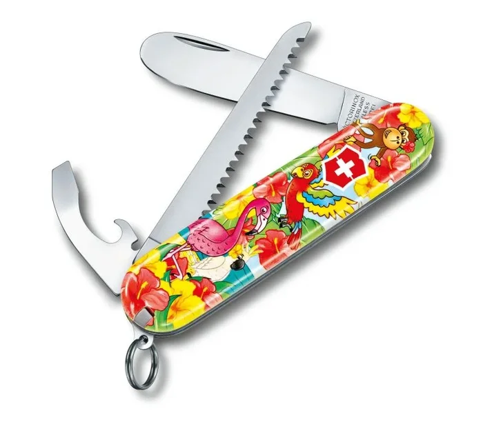 Navaja para niños Victorinox My First Victorinox 0.2373.E3, pensada para niños, hoja con punta redondeada, cadena y cordón, edición de animales. Incluye libro para colorear.