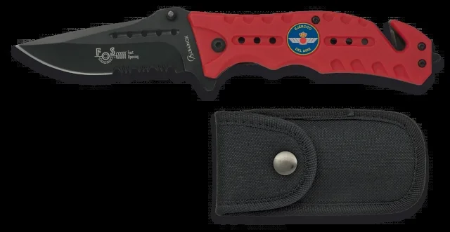 Navaja Roja Martinez Albainox, con sistema » Fos «, Chapa, mango de fibra engomada, hoja de acero inoxidable de 8.6 cm. Incluye cutter cinturón de seguridad, punta rompevidrio en caja a color 19664AGR1016