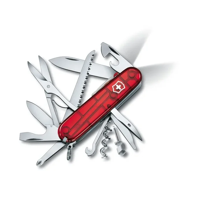 Navaja suiza Victorinox Huntsman Lite con luz LED sierra para madera 21 funciones 121 gramos rojo transparente 1.7915.T