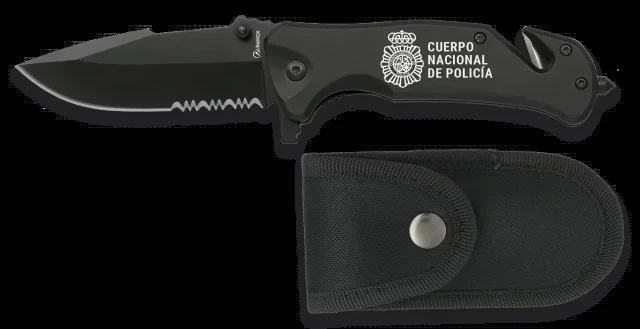 Navaja táctica Albainox CNP, mango de aluminio, hoja de 8,3 cm inox con sierra, punta rompevidrio, funda de nylon