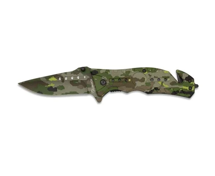 Navaja táctica Albainox, mango de fibra engomada, hoja de 8,6 cm de acero inox, apertura FOS, color camo arena, 18402AGR1028