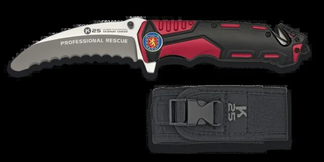 Navaja táctica y negra K25, modelo professional Rescue, hoja de 9,5 cm de acero inox con baño de titanio, mango de aluminio, punta rompevidrio, 19996GR1075