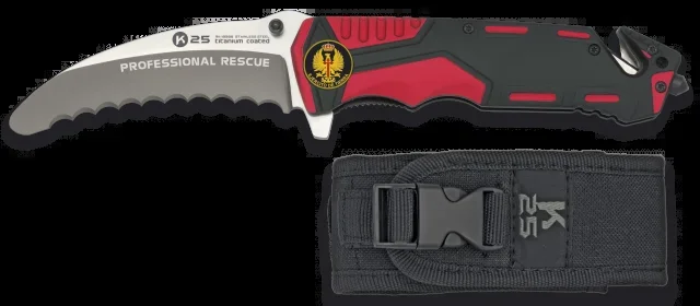 Navaja táctica y negra K25, modelo professional Rescue, hoja de 9,5 cm de acero inox con baño de titanio, mango de aluminio, punta rompevidrio, 19996GR1013