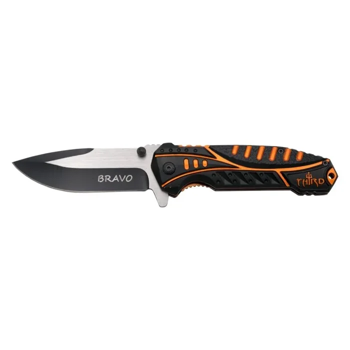 Navaja Third Bravo K2798C, mango de aluminio negro y naranja, hoja de acero inox de 10 cm corte en negro. Con clip, con funda de nylon.
