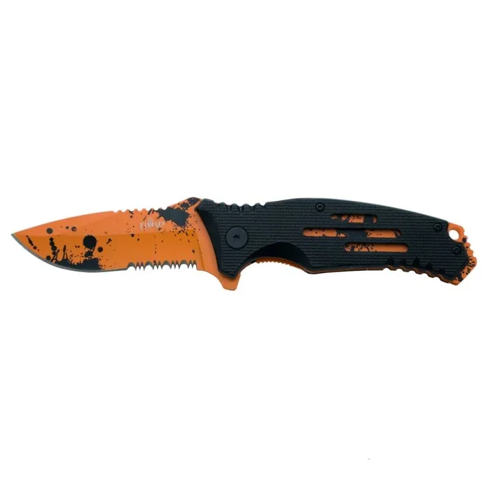 Navaja Third K0805S, mango de aluminio negro con agujeros, liners y hoja naranjas con gotas negras efecto sangre. Hoja de acero inox de 9.5 cm con sierra. Con clip.