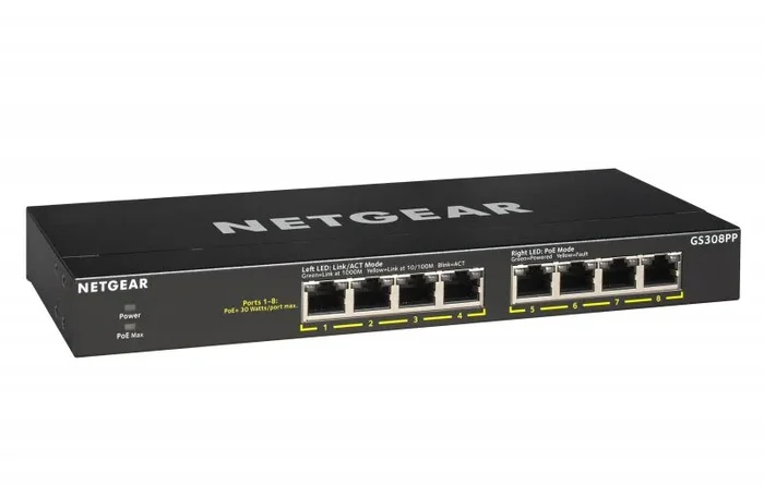 Netgear GS308PP – Switch no gestionable de 8 puertos Gigabit Ethernet PoE+ de sobremesa/bastidor/pared con 8 puertos PoE a 83W y carcasa de metal resistente