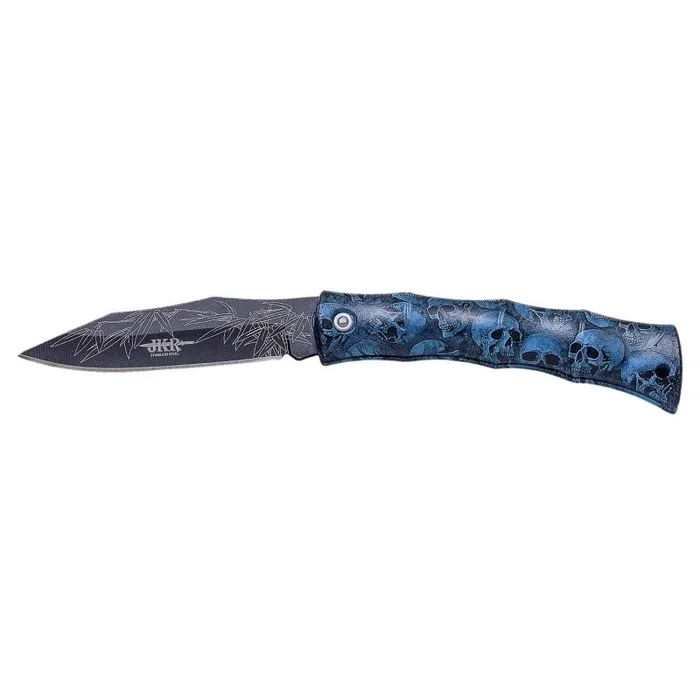 Nueva Navaja JKR0628, Navaja sin bloqueo con Hoja de 8 cm de Acero Inox Pavonada, Mango Decorado ABS de 9,5 cm, Largo total de la navaja de 17,5 cm.