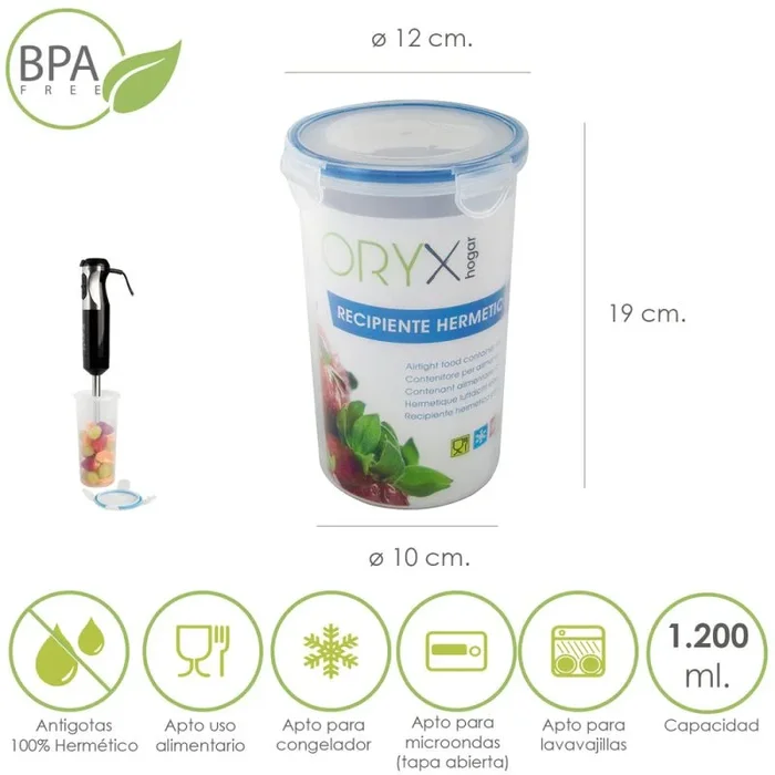 ORYX Recipiente Hermetico Plastico Redondo 1.200 ml. Ø 12 x 19 (Alt.) cm.