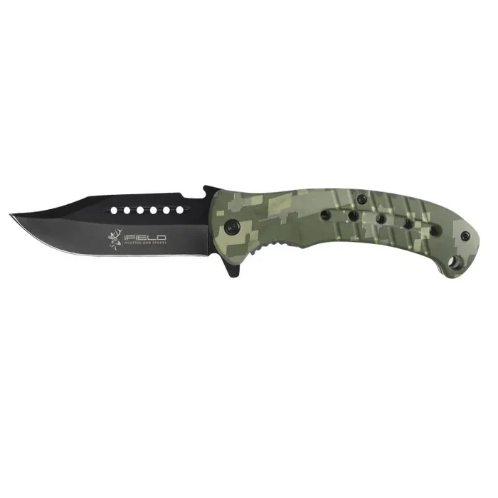 OUTLET Navaja deportiva asistida iFIELD Basic EL29031, mango de aluminio color camo digital, hoja negra de 9,5 cm, con clip portacinturón, herramienta de camping para pesca, caza, actividad deportiva