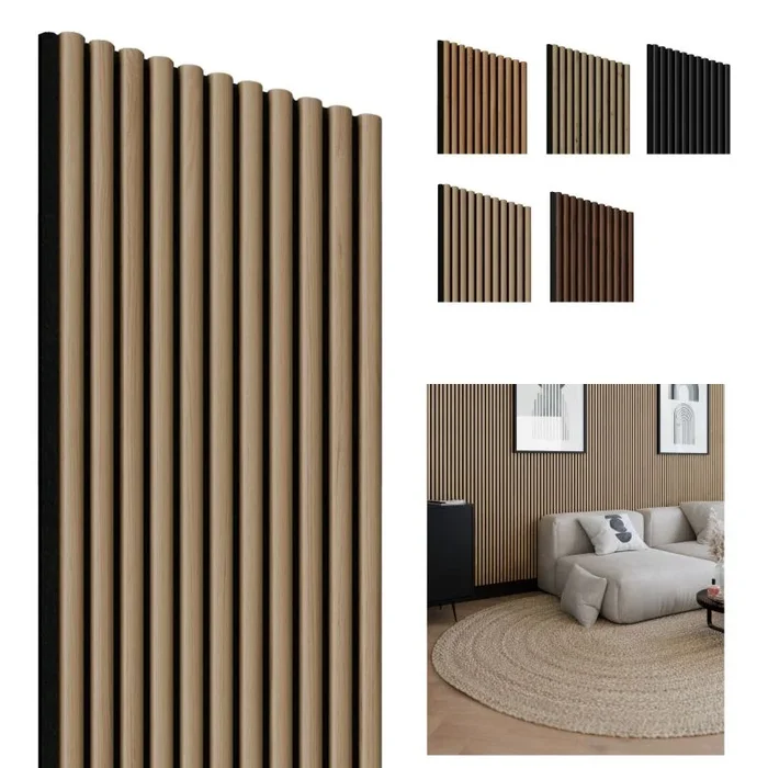 Panel acústico roble-negro, 1250 x 300 mm, 11 láminas 10 x 20 mm, fieltro 8 mm (4 uds.)