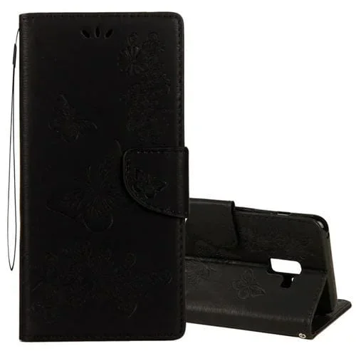 Para Galaxy A8 + (2018) Funda de cuero con tapa horizontal con diseño de mariposa floral en relieve vintage con ranura para tarjeta, soporte, billetera y cordón (negro)