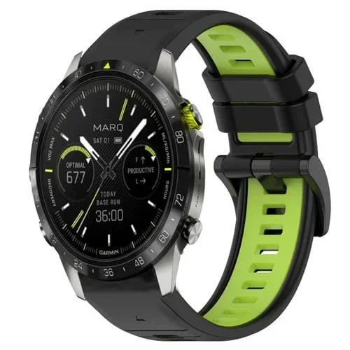 Para Garmin Marq Athlete Gen 2 22mm Sports Two-Color Silicone Watch Band (Negro + Verde Lima)