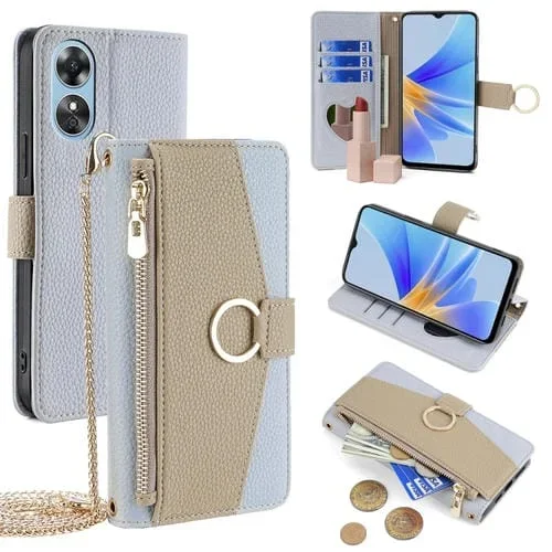 Para Oppo A17 Crossbody Litchi Texture Funda de Cuero para Teléfono (Azul)