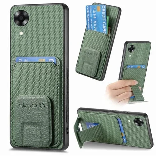 Para Oppo A17K Funda para Teléfono con Soporte Plegable y Bolsa para Tarjetas de Fibra de Carbono (Verde)