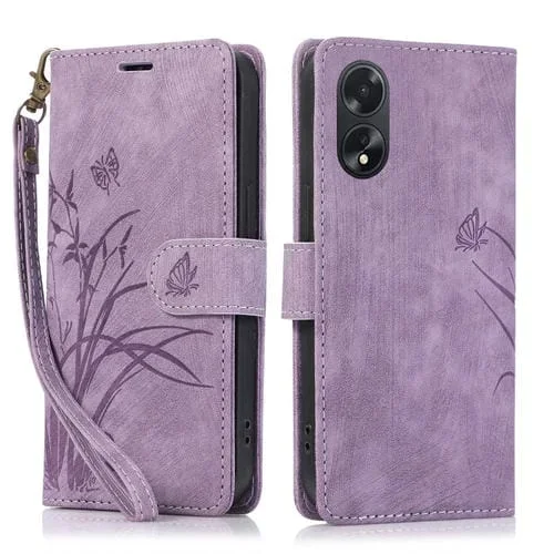 Para Oppo A58 4G Orchid Butterfly Funda de Cuero para Teléfono En Relieve (Púrpura)