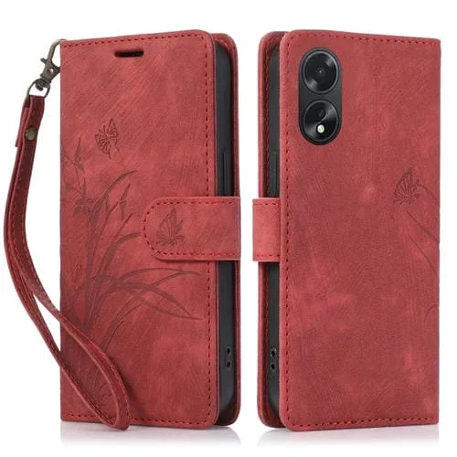 Para Oppo A58 4G Orchid Butterfly Funda de Cuero para Teléfono En Relieve (Rojo)