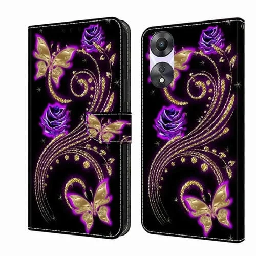 Para Oppo A58 5G Crystal 3D Funda Protectora de Cuero para Teléfono a Prueba de Golpes (Mariposa de Flor Púrpura)