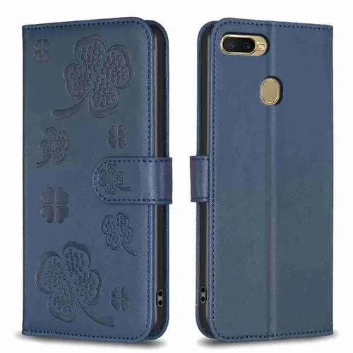 Para Oppo A7 Funda de Teléfono de Cuero En Relieve de Cuatro Hojas (Azul)