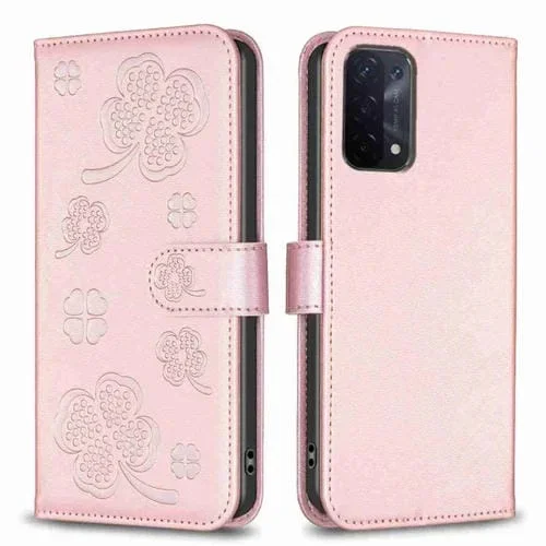 Para Oppo A74 5G / A93 5G / A54 5G Funda para Teléfono de Cuero con Relieve de Cuatro Hojas (Rosa)
