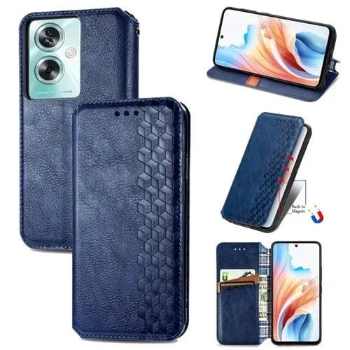Para Oppo A79 5G / A2 5G Funda para Teléfono de Cuero Magnético Prensado con Rejilla Cúbica (Azul)