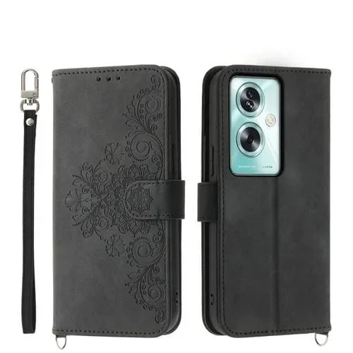 Para Oppo A79 5G Funda de Cuero para Teléfono con Billetera En Relieve y Flores con Sensación de Piel (Negro)