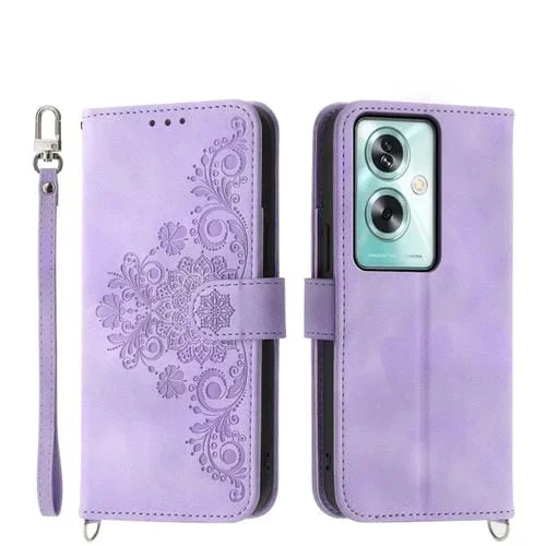 Para Oppo A79 5G Funda de Cuero para Teléfono con Billetera En Relieve y Flores con Sensación de Piel (Púrpura)