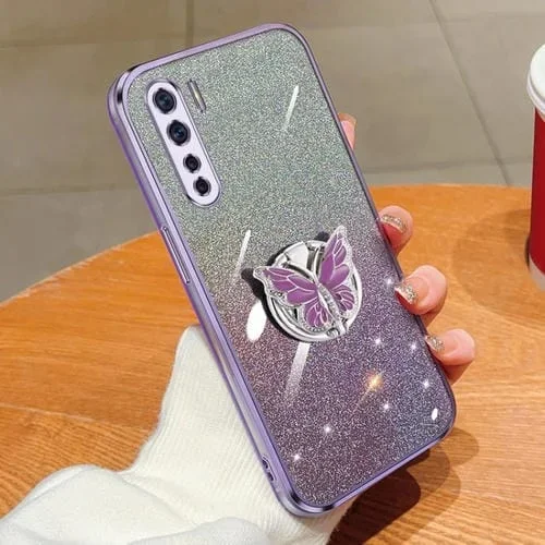 Para Oppo A91 Funda para Teléfono de TPU con Soporte de Mariposa con Brillo Degradado Plateado (Púrpura)