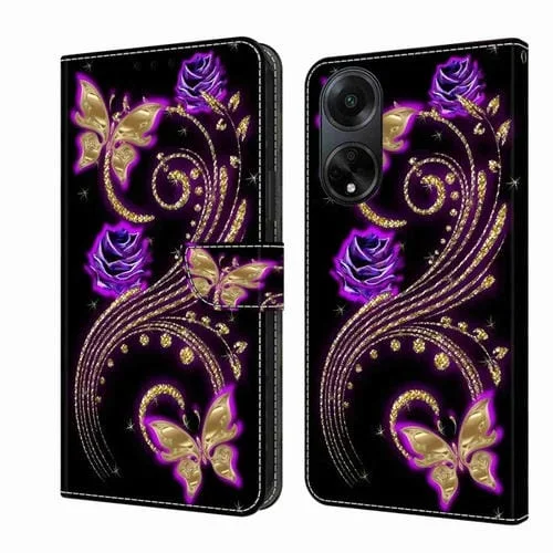 Para Oppo A98 5G Crystal 3D Funda Protectora de Cuero para Teléfono a Prueba de Golpes (Mariposa de Flor Púrpura)