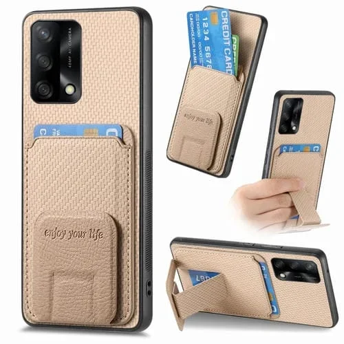 Para Oppo F19 Funda para Teléfono con Soporte Plegable y Bolsa para Tarjetas de Fibra de Carbono (Caqui)