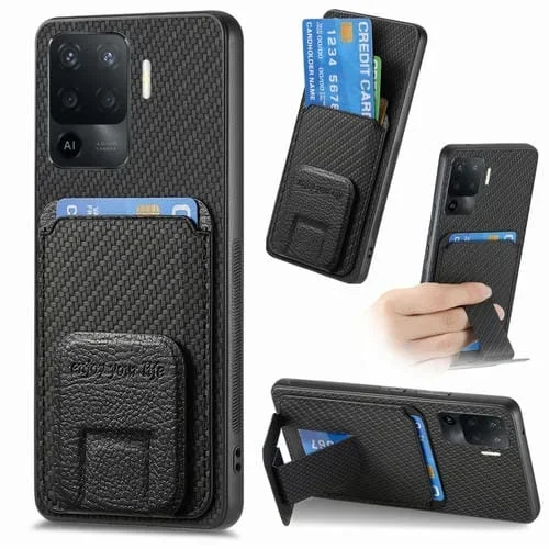 Para Oppo F19 Pro Funda para Teléfono con Soporte Plegable y Bolsa para Tarjetas de Fibra de Carbono (Negro)