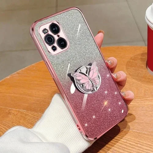Para Oppo Find X3 Funda para Teléfono de TPU con Soporte de Mariposa con Brillo Degradado Plateado (Rosa)