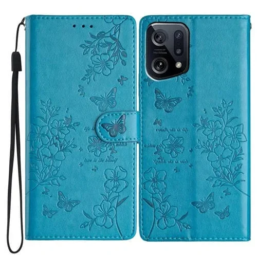 Para Oppo Find X5 Funda para Teléfono de Cuero con Relieve de Flor de Amor y Mariposa (Azul)