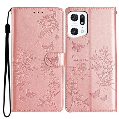 Para Oppo Find X5 Pro Butterfly Love Flower Funda de Cuero para Teléfono En Relieve (Oro Rosa)