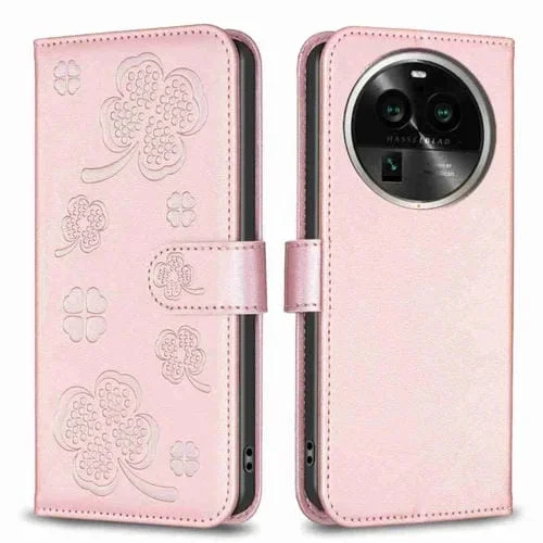 Para Oppo Find X6 Pro Funda de Cuero con Relieve de Cuatro Hojas para Teléfono (Rosa)