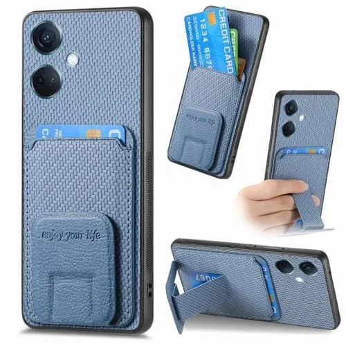 Para Oppo K11 5G Funda para Teléfono con Soporte Plegable y Bolsa para Tarjetas de Fibra de Carbono (Azul)