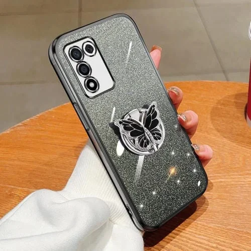 Para Oppo K9S Funda para Teléfono de TPU con Soporte de Mariposa con Brillo Degradado Plateado (Negro)