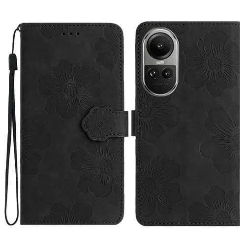 Para Oppo Reno10 5G / Reno10 Pro 5G Funda de Cuero para Teléfono con Estampado de Flores Globales (Negro)