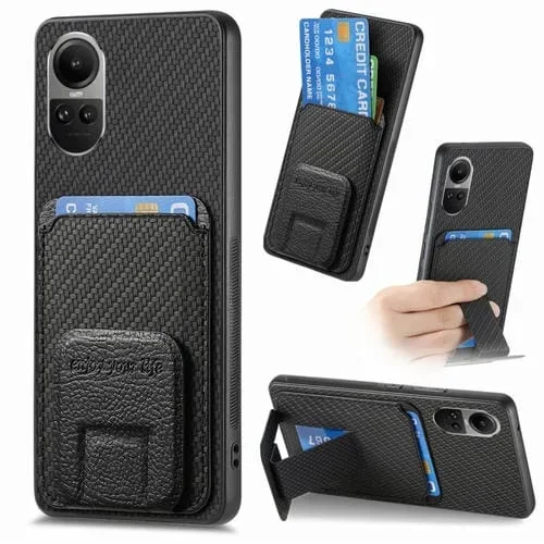 Para Oppo Reno10 Pro Global Funda para Teléfono con Soporte Plegable y Bolsa para Tarjetas de Fibra de Carbono (Negro)