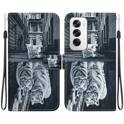 Para Oppo Reno12 5G Funda de Teléfono de Cuero con Dibujo Coloreado con Textura de Cristal Global (Reflejo de Tigre Gato)