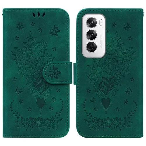 Para Oppo Reno12 5G Global Butterfly Rose Funda de Cuero para Teléfono En Relieve (Verde)
