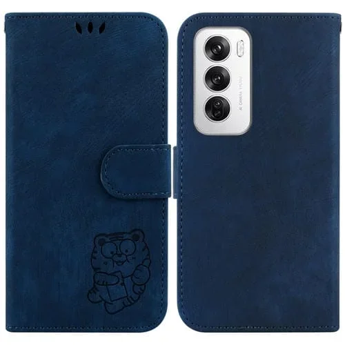 Para Oppo Reno12 5G Global Little Tiger Funda de Cuero para Teléfono En Relieve (Azul Oscuro)