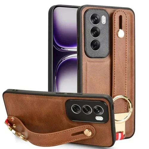 Para Oppo Reno12 5G Global Muñequera Funda Trasera de Cuero para Teléfono (Marrón)